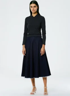 Discount Tibi Brushed Denim Pintucked Skirt Indigo