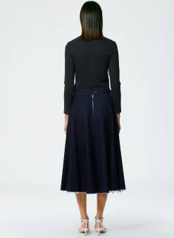 Discount Tibi Brushed Denim Pintucked Skirt Indigo