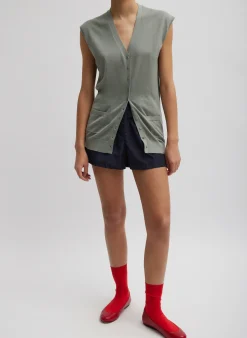 Tibi Cashmere Silk Blend Sleeveless Button Down Sweater Pumice Grey