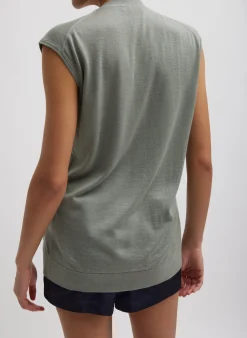 Tibi Cashmere Silk Blend Sleeveless Button Down Sweater Pumice Grey