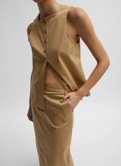 New Tibi Chino Slit Front Sleeveless Top Tan