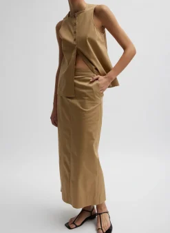 New Tibi Chino Slit Front Sleeveless Top Tan