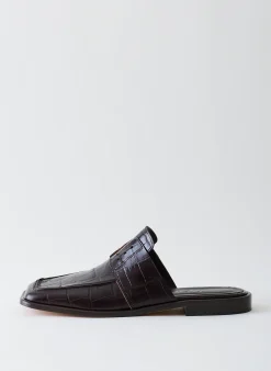 Outlet Tibi Croc Print Pedro Slide Square Toe Loafer Dark Brown