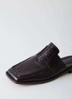 Outlet Tibi Croc Print Pedro Slide Square Toe Loafer Dark Brown