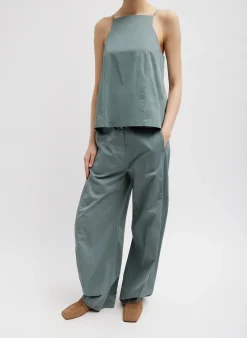 Outlet Tibi Eco Poplin Cropped Square Neck Criss Cross Tank Green Limestone