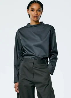 Tibi Eco Poplin Funnelneck Top Navy Fog