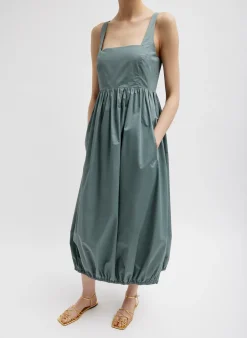 New Tibi Eco Poplin Square Neck Sculpted Dress Green Limestone