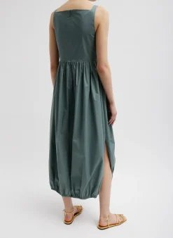 New Tibi Eco Poplin Square Neck Sculpted Dress Green Limestone