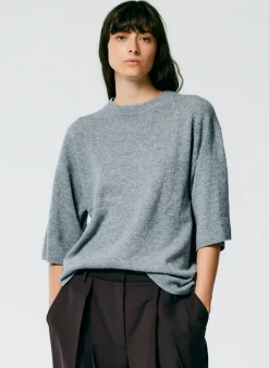 Best Tibi Feather Weight Cashmere Oversized Easy T-Shirt Heather Grey