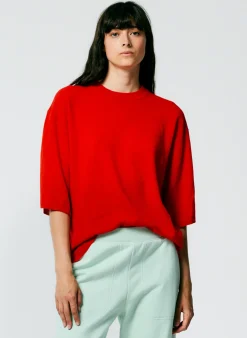 Tibi Feather Weight Cashmere Oversized Easy T-Shirt Red