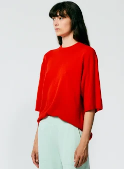 Tibi Feather Weight Cashmere Oversized Easy T-Shirt Red