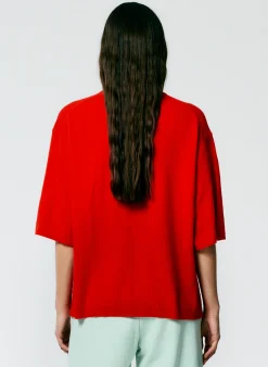 Tibi Feather Weight Cashmere Oversized Easy T-Shirt Red