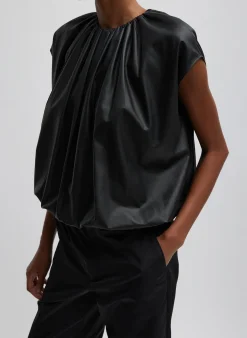 New Tibi Feather Weight Leather Shirred Neck Circular Top Black