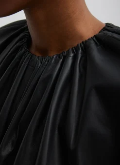 New Tibi Feather Weight Leather Shirred Neck Circular Top Black