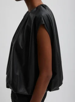 New Tibi Feather Weight Leather Shirred Neck Circular Top Black