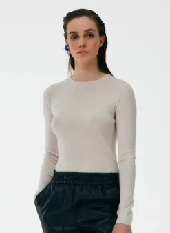 New Tibi Feather Weight Ribbed Crewneck Pullover Sweater Stone