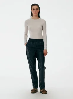 New Tibi Feather Weight Ribbed Crewneck Pullover Sweater Stone
