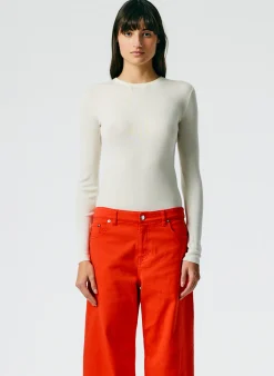Online Tibi Feather Weight Ribbed Crewneck Pullover Sweater Off White