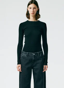 Tibi Feather Weight Ribbed Crewneck Pullover Sweater Black