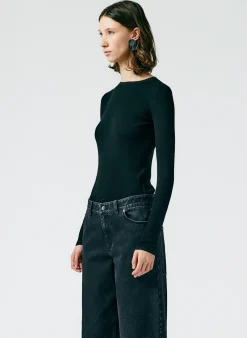 Tibi Feather Weight Ribbed Crewneck Pullover Sweater Black