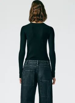 Tibi Feather Weight Ribbed Crewneck Pullover Sweater Black