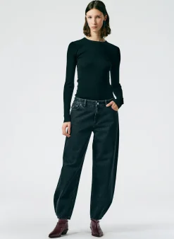 Tibi Feather Weight Ribbed Crewneck Pullover Sweater Black