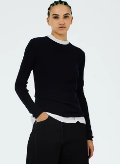 Online Tibi Feather Weight Ribbed Crewneck Pullover Sweater Navy