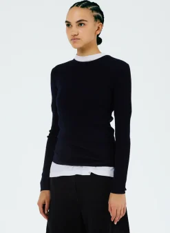 Online Tibi Feather Weight Ribbed Crewneck Pullover Sweater Navy