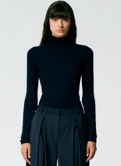 Best Tibi Featherweight Ribbed Sweater Turtleneck Pullover Navy