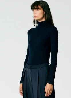 Best Tibi Featherweight Ribbed Sweater Turtleneck Pullover Navy