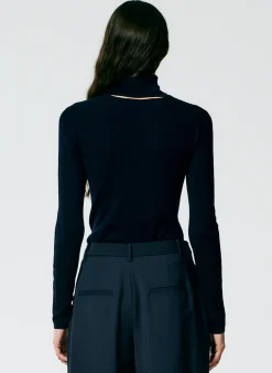 Best Tibi Featherweight Ribbed Sweater Turtleneck Pullover Navy