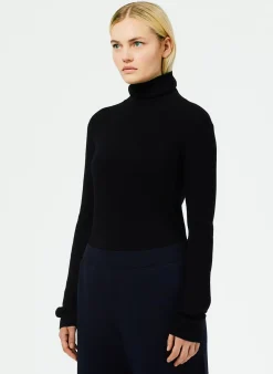 Tibi Featherweight Ribbed Sweater Turtleneck Pullover Black