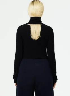 Tibi Featherweight Ribbed Sweater Turtleneck Pullover Black