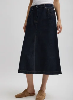 Clearance Tibi Indigo Denim Midi A-Line Skirt Dark Denim
