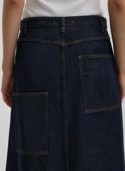 Clearance Tibi Indigo Denim Midi A-Line Skirt Dark Denim