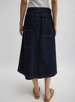 Clearance Tibi Indigo Denim Midi A-Line Skirt Dark Denim