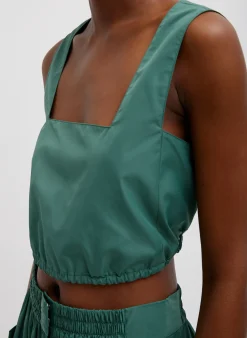 Hot Tibi Italian Sporty Nylon Cropped Square Neck Top Dark Hunter Green