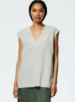 Tibi Italian Sporty Nylon Sleeveless V-Neck Top Ash