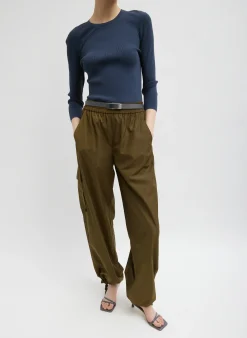 New Tibi Italian Sporty Nylon Wide Leg Pull On Pant Wood