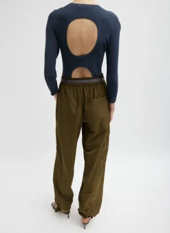 New Tibi Italian Sporty Nylon Wide Leg Pull On Pant Wood