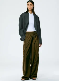 New Tibi Italian Sporty Nylon Wide Leg Pull On Pant Wood
