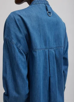 Sale Tibi Light Weight Stone Wash Denim Tuxedo Shirt Denim Blue