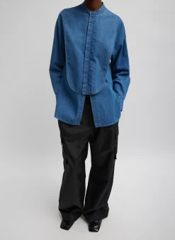 Sale Tibi Light Weight Stone Wash Denim Tuxedo Shirt Denim Blue