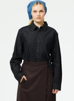 Online Tibi Light Weight Stone Washed Denim Charlie Slim Shirt Black