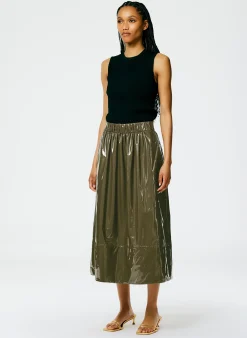 Discount Tibi Light Weight Stretch Patent Smocking Waistband Full Skirt Wood
