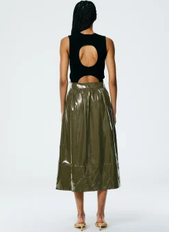Discount Tibi Light Weight Stretch Patent Smocking Waistband Full Skirt Wood
