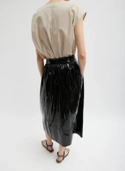 Tibi Light Weight Stretch Patent Smocking Waistband Full Skirt Black