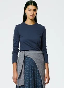 Clearance Tibi Long Sleeve Fitted T-Shirt Navy Fog