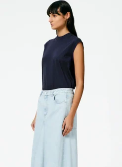 New Tibi Mock Neck Sleeveless T-Shirt Navy