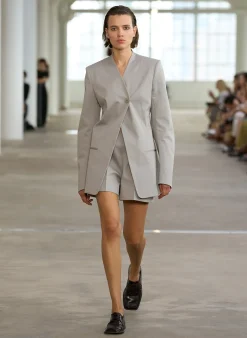 Hot Tibi Oliver Cotton Stretch Tricotine Structured Shorts Grey Moon